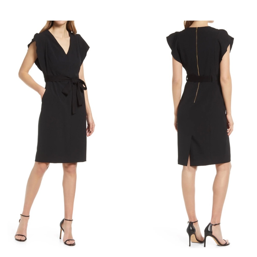 Eliza J Midi Belted Ruffle Sleeve Sheath Dress Black Sz 12